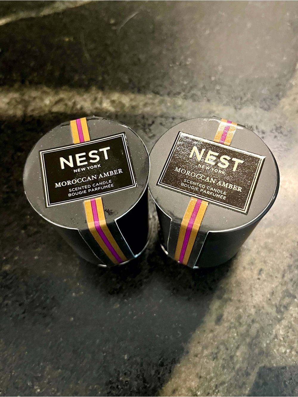 NEST Moroccan Amber Mini Scented Candle Duo - Black with Purple & Gold Accents